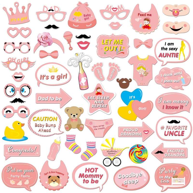 Konsait It's a Girl Photo Booth Prop (53Count), Konsait Baby Shower Pink Lovely Baby Bottle Masks Photobooth Props with Sticks for Baby Shower Accessories Newborn Girl Gift Party Favor Supplies Ideas - Image 1